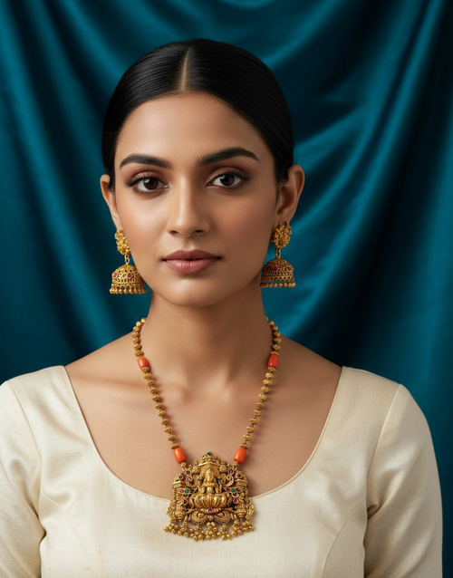 Lakshmi Coral Mid-Long Necklace Set (Temple Collection)