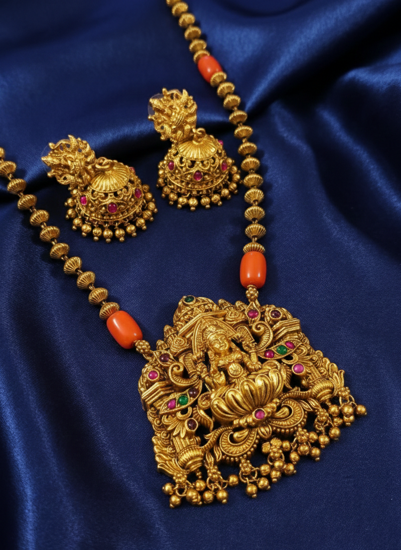 Lakshmi Coral Mid Long Necklace Set