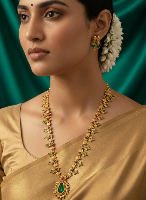 Woman wearing Matte Finish Nagapadam Long Necklace Set 