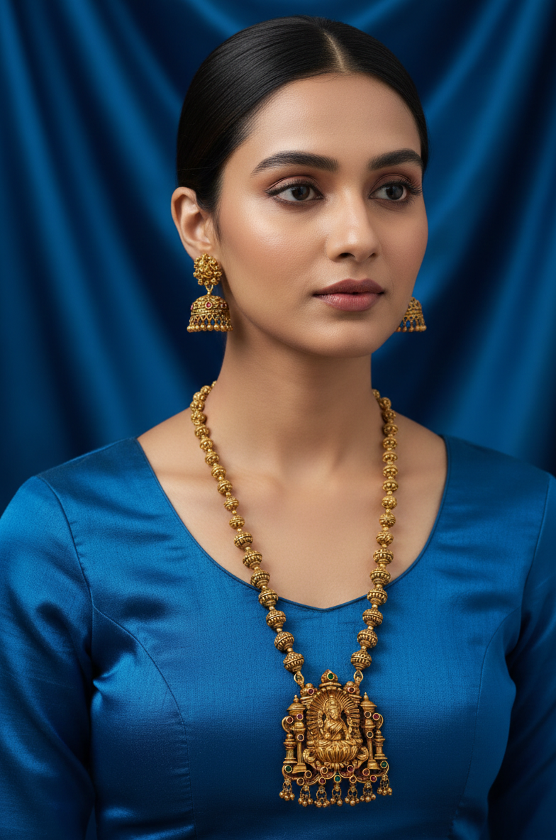 Woman wearing Temple Ananda Lakshmi MidLong NecklaceSet-1